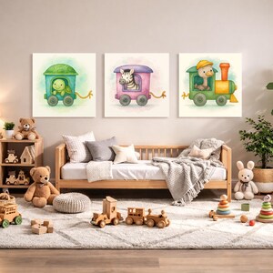 Ostrich, Zebra & Turtle Train Wagon Wall Art Set – Printable Woodland Nursery Decor – Watercolor Animal Train 3-Pack Digital Download image 1