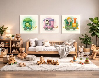 Ostrich, Zebra & Turtle Train Wagon Wall Art Set – Printable Woodland Nursery Decor – Watercolor Animal Train 3-Pack Digital Download
