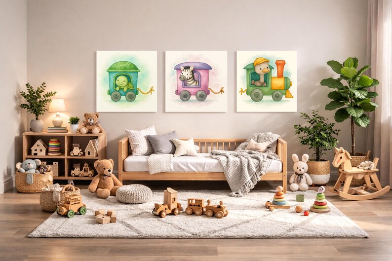 Ostrich, Zebra & Turtle Train Wagon Wall Art Set – Printable Woodland Nursery Decor – Watercolor Animal Train 3-Pack Digital Download image 1