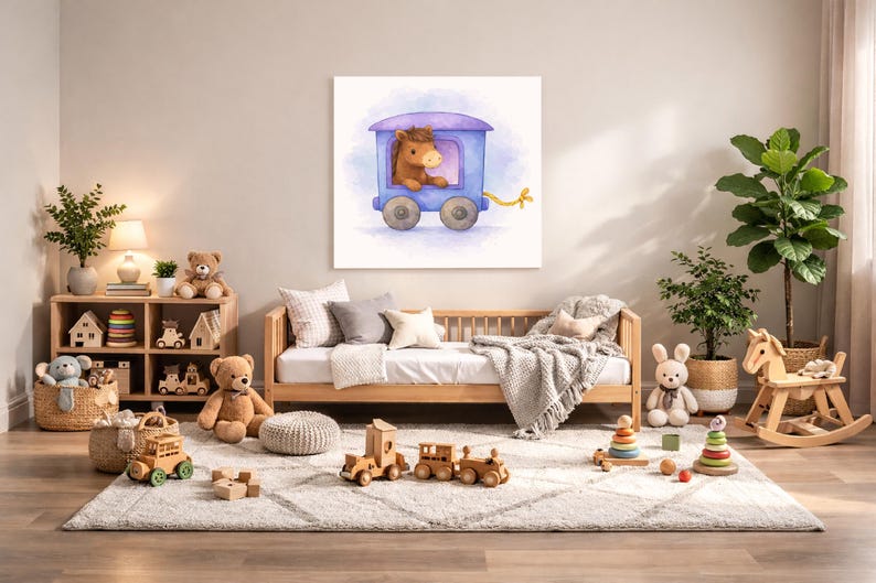Horse Nursery Wall Art Printable – Farm Baby Room Decor, Watercolor Animal Train Print, Digital Download image 1