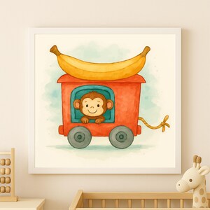 May include: A framed watercolor print featuring a cartoon monkey in a red train car with a banana on top. The monkey is looking out of the window. The print has a white border and is set against a light background.
