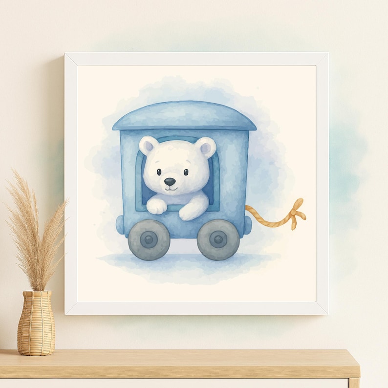 May include: Watercolor illustration of a white bear cub in a blue train car. The train has gray wheels and a rope attached. The background has a light blue watercolor wash, all framed in a white square.