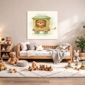May include: A watercolor painting of a brown teddy bear in a yellow train car with a green roof. The room is decorated with wooden toys, a wooden bed, and a rocking horse, creating a cozy nursery theme.