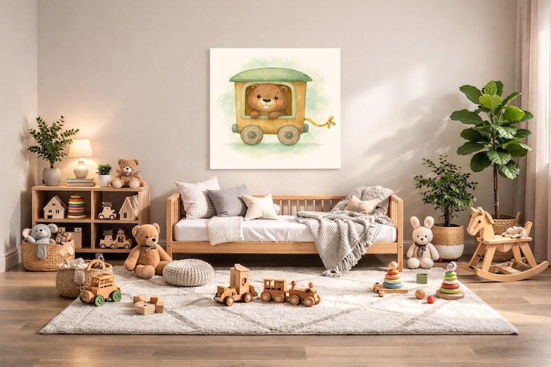 May include: A watercolor painting of a brown teddy bear in a yellow train car with a green roof. The room is decorated with wooden toys, a wooden bed, and a rocking horse, creating a cozy nursery theme.
