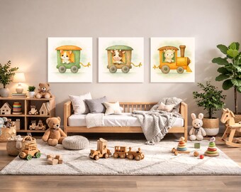 Goat, Cow and Cat Train Wagon Wall Art Set – Printable Woodland Nursery Decor – Watercolor Animal Train 3-Pack Digital Download
