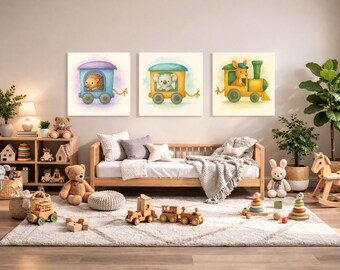 Kangaroo, Koala and Echidna Train Wagon Wall Art Set – Printable Woodland Nursery Decor – Watercolor Animal Train 3-Pack Digital Download