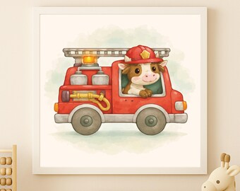 Watercolor Firetruck Cow Print – Kids Room Wall Art (Digital Download)
