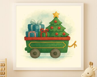 Watercolor Christmas Tree Train Wagon Print: Nursery Kids Room Decor (Digital Download)