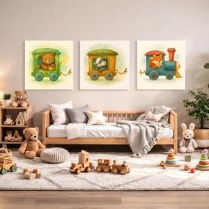Fox, Bear & Badger Train Wall Art Set – Printable Woodland Nursery Decor – Watercolor Animal Train 3-Pack Digital Download image 1