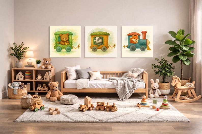 Fox, Bear & Badger Train Wall Art Set – Printable Woodland Nursery Decor – Watercolor Animal Train 3-Pack Digital Download image 1