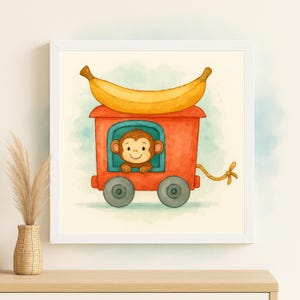 May include: Watercolor illustration of a smiling monkey in a red train car with a banana on top. The train car has blue window trim and gray wheels. The artwork is framed in a white square frame.