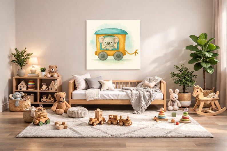 Koala Nursery Wall Art Printable – Rainforest Baby Room Decor, Watercolor Animal Train Print, Digital Download image 1