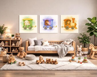 Dog, Sheep and Horse Train Wagon Wall Art Set – Printable Woodland Nursery Decor – Watercolor Animal Train 3-Pack Digital Download