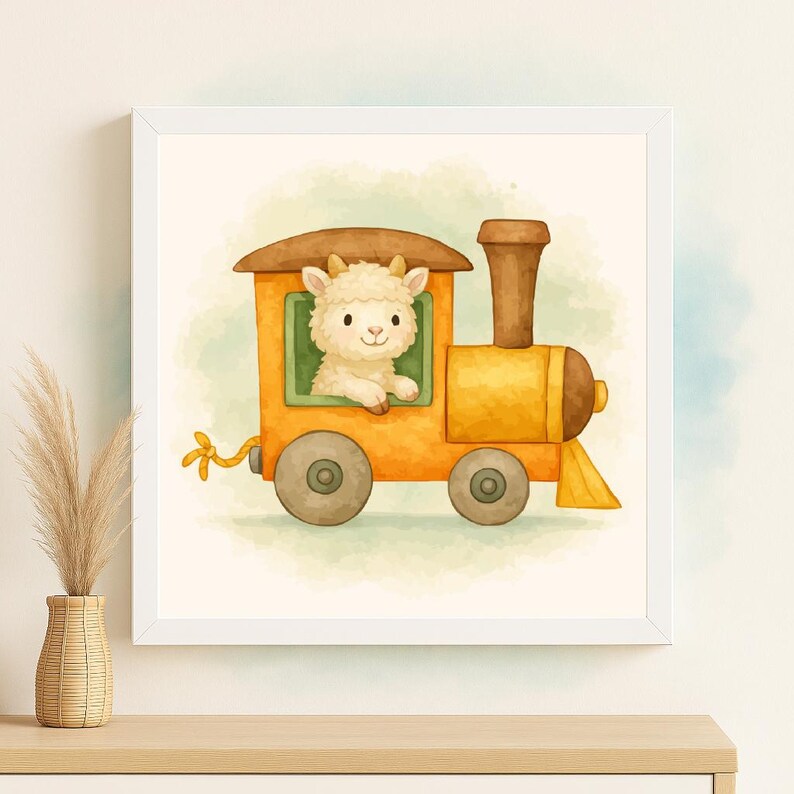 May include: A framed watercolor illustration of a cute llama riding an orange and yellow train. The llama is white with a fluffy coat and is looking out the window. The train has brown accents and a whimsical design, perfect for a child's room.