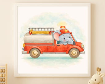 Watercolor Elephant Fire Truck Wall Art Printable – Kids Room Decor (Digital Download)