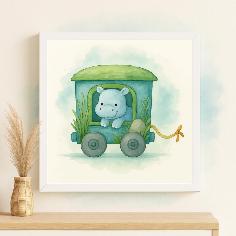 May include: Watercolor illustration of a light blue hippo peeking out of a teal train car with a green roof. The train car has two gray wheels and is surrounded by green grass. The artwork is framed in a white square frame.