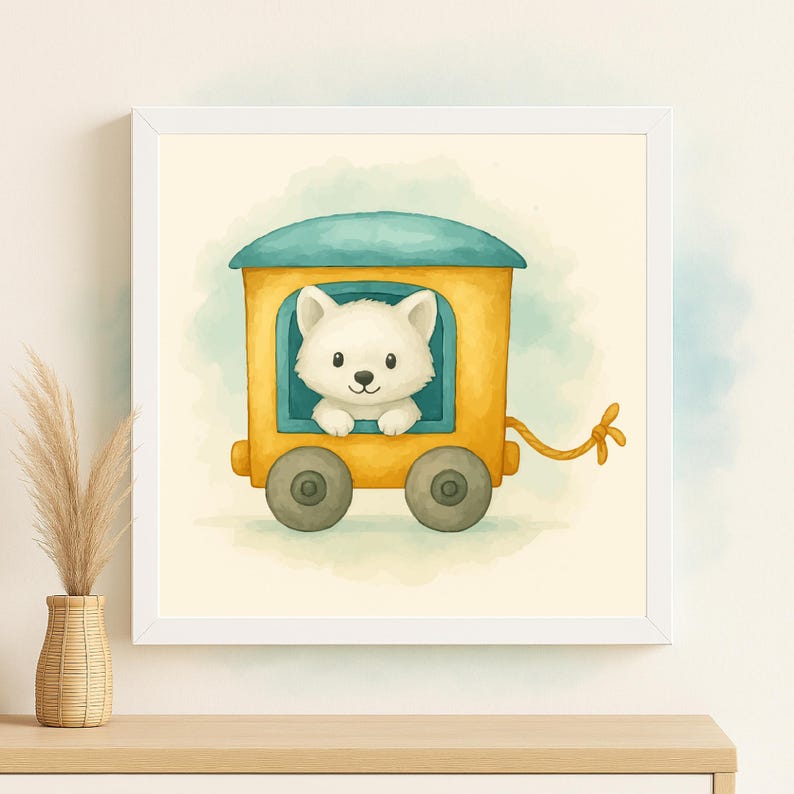 May include: A framed watercolor illustration of a white puppy in a yellow train car with a blue roof. The train has gray wheels and a yellow rope. The background is a light yellow with a blue watercolor wash.