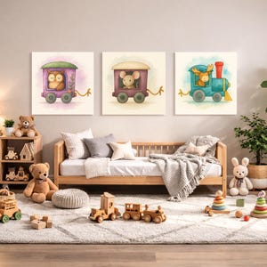 Moose, Mouse & Owl Train Wall Art Set – Printable Woodland Nursery Decor – Watercolor Animal Train 3-Pack Digital Download image 1