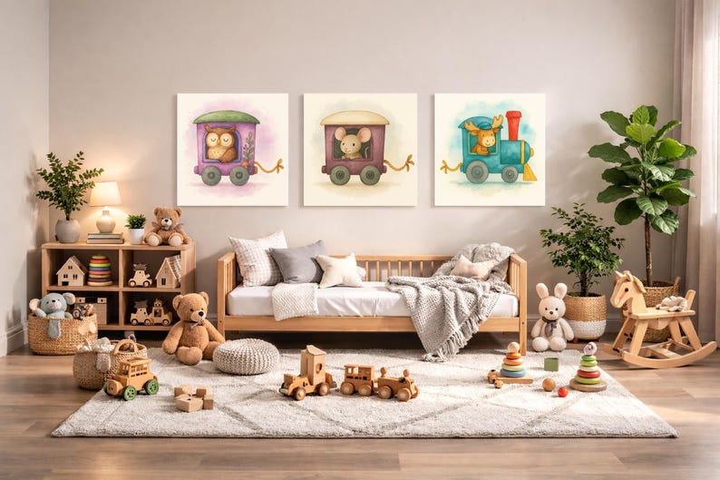Moose, Mouse & Owl Train Wall Art Set – Printable Woodland Nursery Decor – Watercolor Animal Train 3-Pack Digital Download image 1