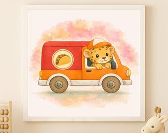 Watercolor Jaguar Taco Food Truck Wall Art Printable – Kids Room Decor (Digital Download)