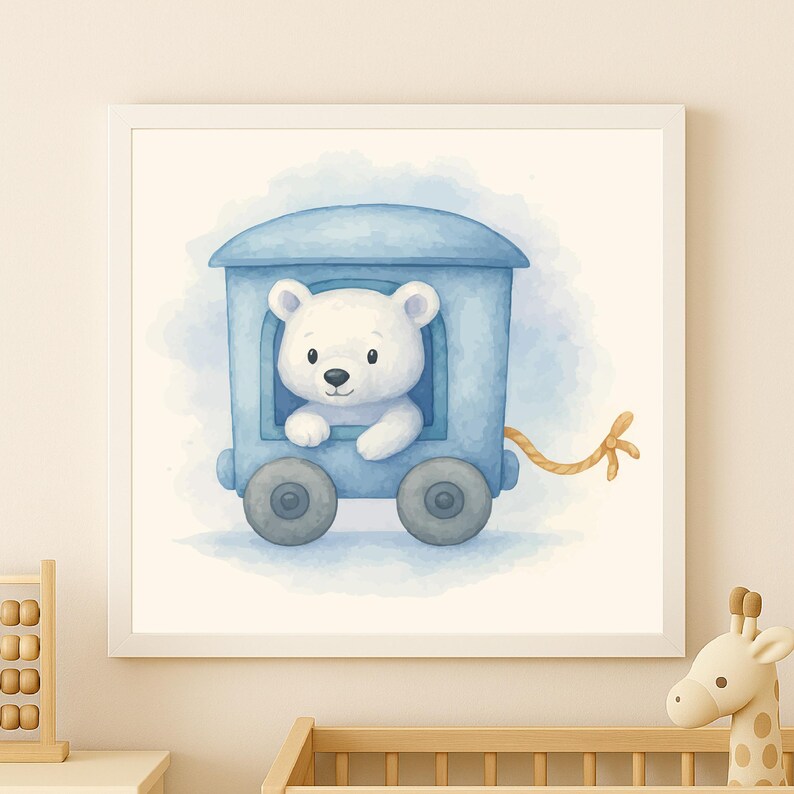 May include: Watercolor illustration of a white polar bear cub in a blue train car. The train has two gray wheels and a rope attached. The background is a light blue watercolor wash. The artwork is framed in a white square frame.