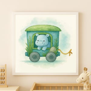 May include: Watercolor illustration of a baby hippo in a blue train car with green accents. The hippo is light blue and smiling. The train car has two gray wheels and is set against a soft blue and green background. The artwork is framed in a white square frame.