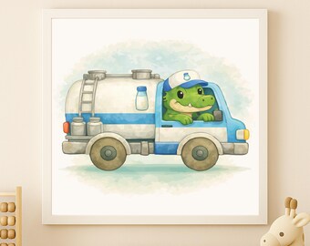 Watercolor Milktruck Alligator Print – Kids Room Wall Art (Digital Download)