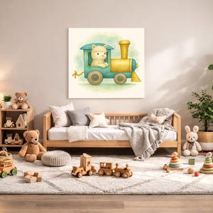 Alpaca Nursery Wall Art Printable – Rainforest Baby Room Decor, Watercolor Animal Train Print, Digital Download image 1