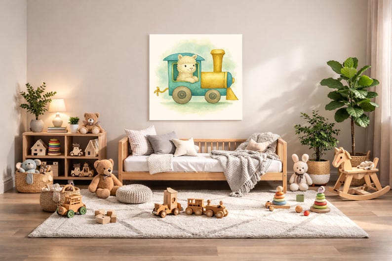 Alpaca Nursery Wall Art Printable – Rainforest Baby Room Decor, Watercolor Animal Train Print, Digital Download image 1