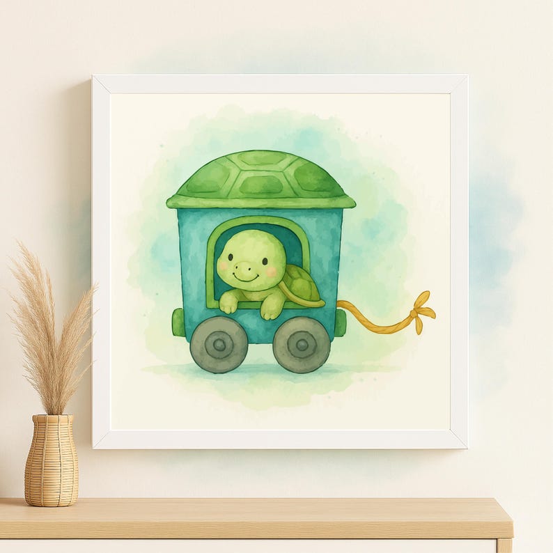 May include: A framed watercolor print of a smiling turtle riding in a teal train car. The train has a green roof and gray wheels. The background is a soft watercolor wash of green and blue.
