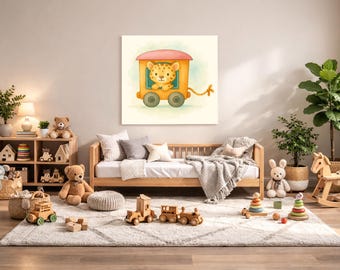 Leopard Nursery Wall Art Printable – Safari Baby Room Decor, Watercolor Animal Train Print, Digital Download