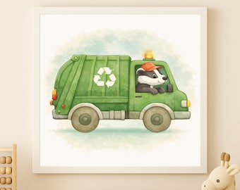 Aquarell Mülltruck Dachs Druck - Kinderzimmer Wandkunst (Digitaler Download)