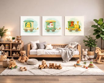 Rooster, Chicken and Chick Train Wagon Wall Art Set – Printable Woodland Nursery Decor – Watercolor Animal Train 3-Pack Digital Download