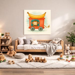 サルの保育園用ウォールアート（印刷可能） - 熱帯雨林のベビールーム装飾、水彩動物列車プリント、デジタルダウンロード