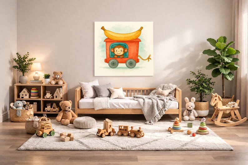 Monkey Nursery Wall Art Printable – Rainforest Baby Room Decor, Watercolor Animal Train Print, Digital Download image 1
