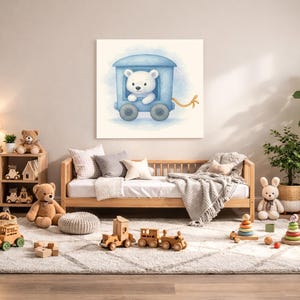 May include: A watercolor painting of a white bear in a blue train car hangs above a wooden daybed. The room is decorated with wooden toys, a rocking horse, and a plush bunny. The scene evokes a nursery or playroom setting.