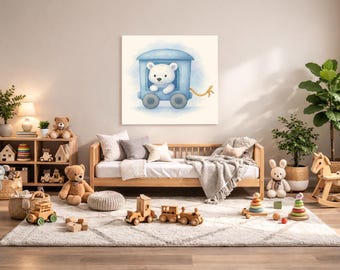Polar Bear Nursery Wall Art Printable – Arctic Baby Room Decor, Watercolor Animal Train Print, Digital Download