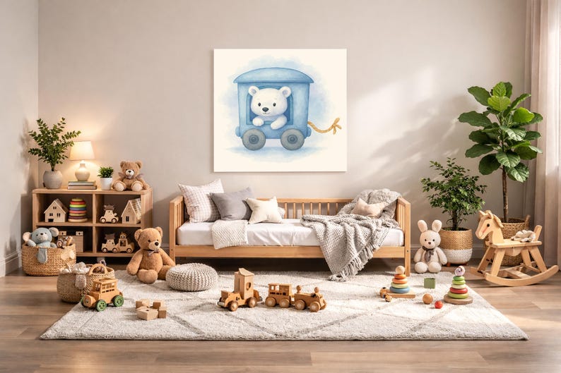 May include: A watercolor painting of a white bear in a blue train car hangs above a wooden daybed. The room is decorated with wooden toys, a rocking horse, and a plush bunny. The scene evokes a nursery or playroom setting.