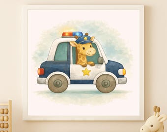 Watercolor Giraffe Police Car Wall Art Printable – Kids Room Decor (Digital Download)