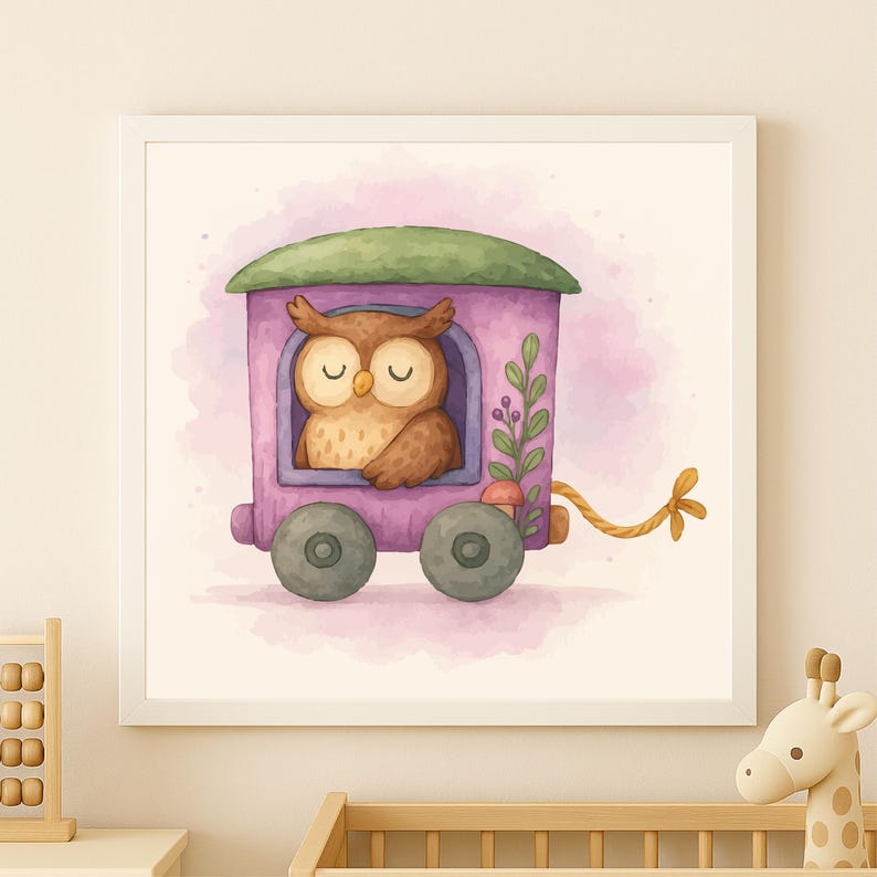 May include: Watercolor illustration of a brown owl in a purple train car with a green roof. The train has gray wheels and a yellow rope. The background is a soft pink and white watercolor wash.