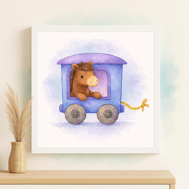 May include: Watercolor illustration of a brown horse in a blue train car with purple roof. The train has two gray wheels and a yellow rope. The background is a light blue watercolor wash. The image is framed in a white square frame.