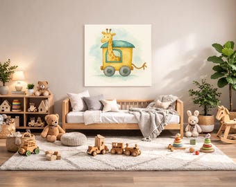 Giraffe Train Nursery Wall Art – Printable Safari Baby Room Decor, Watercolor Animal Print, Instant Download
