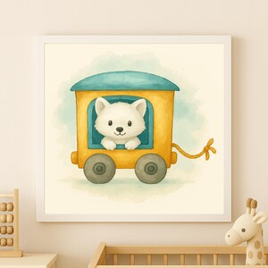 May include: Watercolor illustration of a white puppy in a yellow train car with a teal roof. The train has gray wheels and a rope detail. The artwork is framed in a white square frame, perfect for a nursery or child's room.