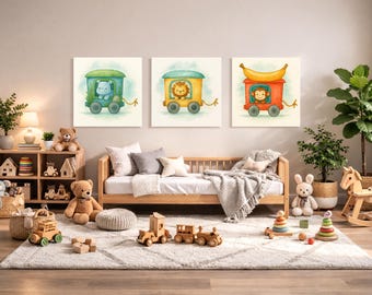 Monkey, Lion & Hippo Train Wagon Wall Art Set – Printable Woodland Nursery Decor – Watercolor Animal Train 3-Pack Digital Download