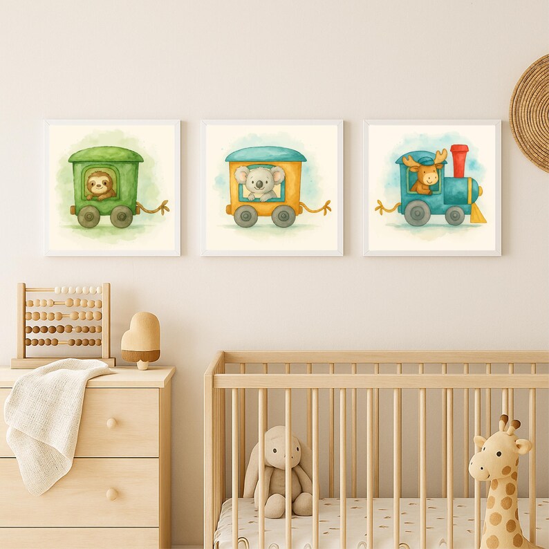 K&ouml;nnte beinhalten: Set aus drei gerahmten Aquarelldrucken mit Tierzugwagen. Jeder Druck zeigt ein anderes Tier: ein Faultier in einem gr&uuml;nen Zug, ein Koala in einem gelben Zug und ein Elch in einem blauen Zug. Die Drucke haben eine weiche, pastellfarbene Farbpalette.