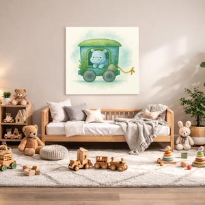 Hippo Nursery Wall Art Printable – Safari Baby Room Decor, Watercolor Animal Train Print, Digital Download image 1