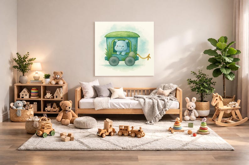 Hippo Nursery Wall Art Printable – Safari Baby Room Decor, Watercolor Animal Train Print, Digital Download image 1