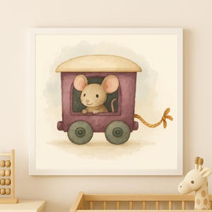 May include: Watercolor illustration of a cute mouse in a purple train car with a tan roof. The train has green wheels and is attached to a rope with a bow. The artwork is framed in a white square frame, perfect for a nursery.