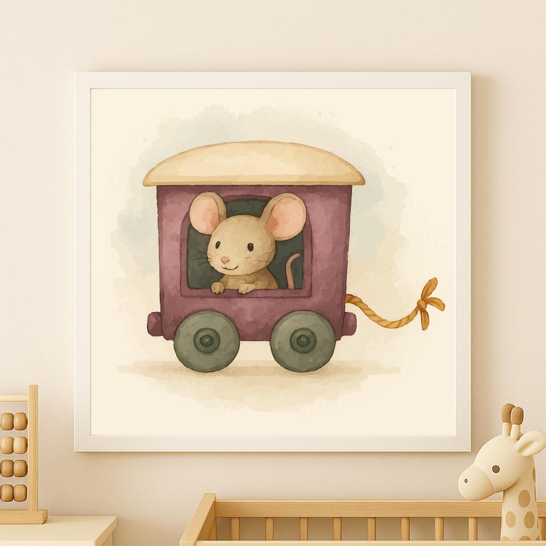 May include: Watercolor illustration of a cute mouse in a purple train car with a tan roof. The train has green wheels and is attached to a rope with a bow. The artwork is framed in a white square frame, perfect for a nursery.