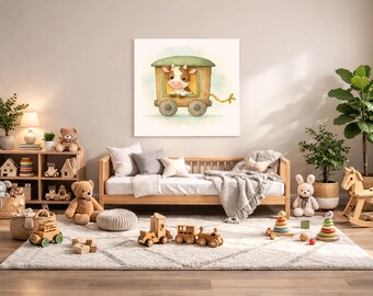Cow Nursery Wall Art Printable – Farm Baby Room Decor, Watercolor Animal Train Print, Digital Download